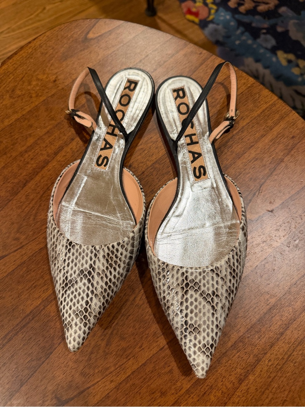 Rochas Snake-Print Pointed Slingback Flats in Beige and Black